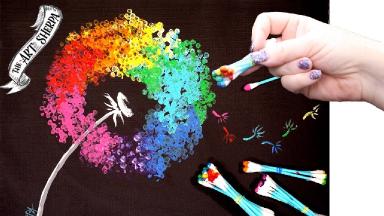 Rainbow Dandelion Q Tip Acrylic Painting for Beginners tutorial 🌈🎨💜